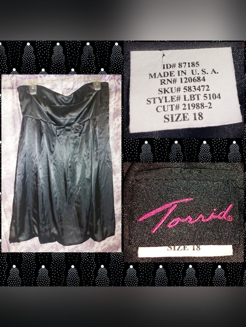 Torrid brand Black Strapless Satin Tube Dress Sz 18